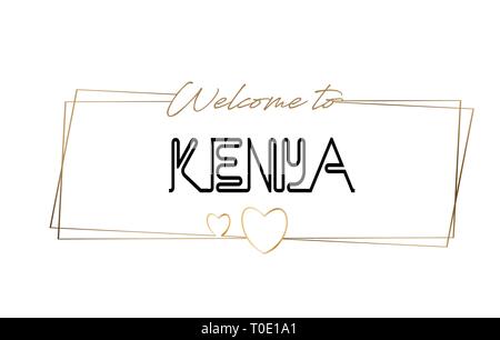 Kenya Benvenuti al Neon testo caratteri tipografici. Parola per il logotipo, badge, icona, card, cartolina, logo e banner cablati con cornici dorate e cuori desi Illustrazione Vettoriale