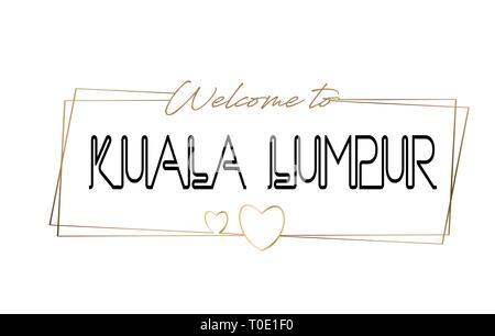 KualaLumpur Benvenuti al Neon testo caratteri tipografici. Parola per il logotipo, badge, icona, card, cartolina, logo e banner cablati con cornici dorate e di cuore Illustrazione Vettoriale