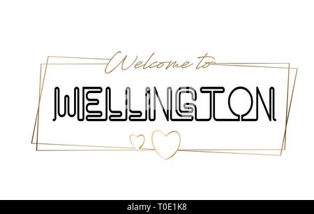 Wellington Benvenuti al Neon testo caratteri tipografici. Parola per il logotipo, badge, icona, card, cartolina, logo e banner cablati con cornici dorate e cuori Illustrazione Vettoriale