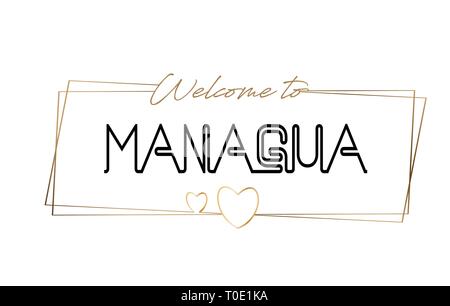 Managua Benvenuti al Neon testo caratteri tipografici. Parola per il logotipo, badge, icona, card, cartolina, logo e banner cablati con cornici dorate e cuori De Illustrazione Vettoriale