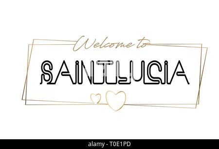 SaintLucia Benvenuti al Neon testo caratteri tipografici. Parola per il logotipo, badge, icona, card, cartolina, logo e banner cablati con cornici dorate e cuori Illustrazione Vettoriale