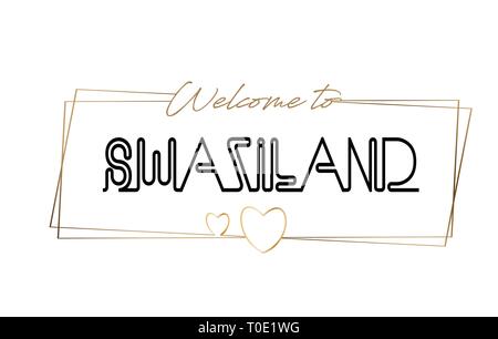 Swaziland Benvenuti al Neon testo caratteri tipografici. Parola per il logotipo, badge, icona, card, cartolina, logo e banner cablati con cornici dorate e cuori Illustrazione Vettoriale