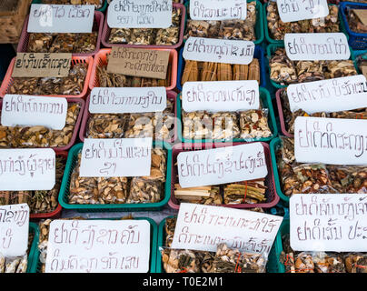 Visualizzazione delle medicine a base di erbe remedy pacchetti esposti per la vendita al mercato in stallo, Phosy giorno di mercato, Luang Prabang, Laos, SE Asia Foto Stock