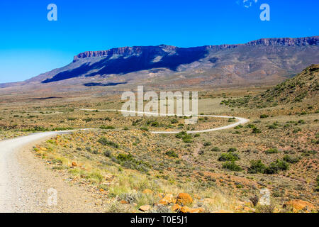 Strada sterrata con cielo blu, Karoo National Park in estate, provincia del Capo occidentale del Sud Africa. Foto Stock