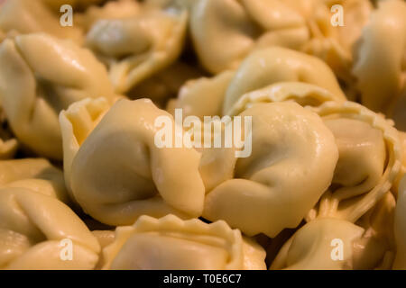 Tortellini freschi con ripieno di carne non cotta. Un piatto tipico della tradizione italiana. Foto Stock