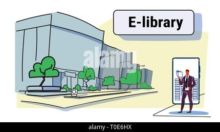 Imprenditore utilizzando mobile app biblioteca elettronica concetto business man la lettura del libro libreria online lo schermo dello smartphone cityscape orizzontale di sfondo a piena lunghezza Illustrazione Vettoriale