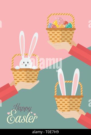 Le mani sono holding cesti pasquali. Pasqua biglietto di auguri Illustrazione Vettoriale