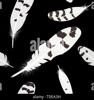 Set di caduta isolati bianchi e soffici piume twirled seamless pattern su sfondo trasparente in stile realistico Illustrazione Vettoriale