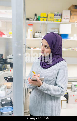 Una donna musulmana utilizza le attrezzature scientifiche in un laboratorio di ricerca, presso la University of Sussex indossando un tradizionale hijab. Foto Stock