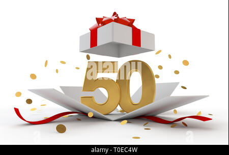 Felice cinquantesimo compleanno sorpresa oro boxwith nastro rosso. Il rendering 3D Foto Stock