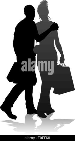 Coppia giovane Shopping sagome Illustrazione Vettoriale