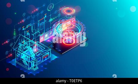 Smart home concetto isometrica. Sistema di controllo dei iot. Internet le cose nella costruzione e sviluppo mobile app di apparecchi di monitoraggio e sicurezza Illustrazione Vettoriale