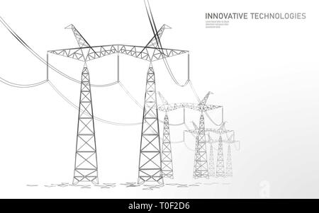 Bassa poli linea elettrica ad alta tensione silhouette. Settore della fornitura di energia elettrica tralicci delinea on dark night blue sky. Innovazione della tecnologia ecectrical Illustrazione Vettoriale