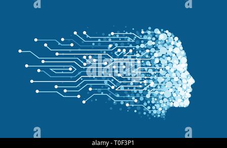 Vettore di una faccia fatta di particelle digitali come simbolo di intelligenza artificiale e di apprendimento della macchina. Abstract testa umana delineare con scheda di circuito. Illustrazione Vettoriale