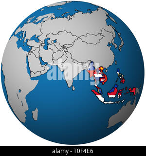 Paesi membri dell'ASEAN con il territorio e le bandiere sulla mappa politica dell Asia Foto Stock