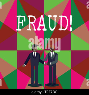La scrittura della nota mostra la frode. Il concetto di business per inganno penale per ottenere finanziario o guadagno demonstratingal imprenditori e sorridente saluto ciascuna oth Foto Stock