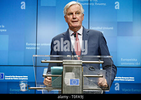 Bruxelles, Belgio. Xix Marzo 2019. Ue del capo negoziatore Brexit Michel Barnier tiene una conferenza stampa dopo un UE del Consiglio Affari Generali. Credito: ALEXANDROS MICHAILIDIS/Alamy Live News Foto Stock