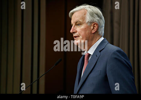 Bruxelles, Belgio. Xix Marzo 2019. Ue del capo negoziatore Brexit Michel Barnier tiene una conferenza stampa dopo un UE del Consiglio Affari Generali. Credito: ALEXANDROS MICHAILIDIS/Alamy Live News Foto Stock