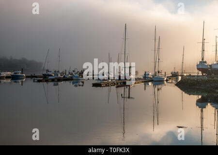 Crosshaven, Co. Cork, Irlanda. 20 Mar, 2019. Nebbia mattutina inizia a dissipare con il Rising Sun della marina presso il Royal Cork Yacht Club Crosshaven, Co. Cork, Irlanda.- credito Immagine: David Creedon/Alamy Live News Foto Stock