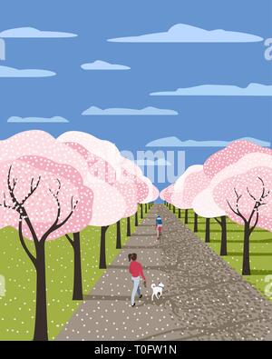 Disegnata a mano blooming sakura alley Illustrazione Vettoriale