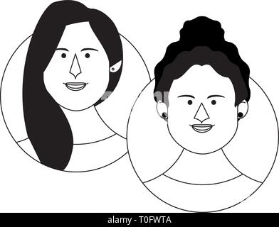 Donne amici coppia faccia in bianco e nero Illustrazione Vettoriale