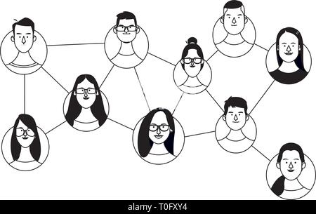 Le icone della rete di persone vengono visualizzate in bianco e nero Illustrazione Vettoriale
