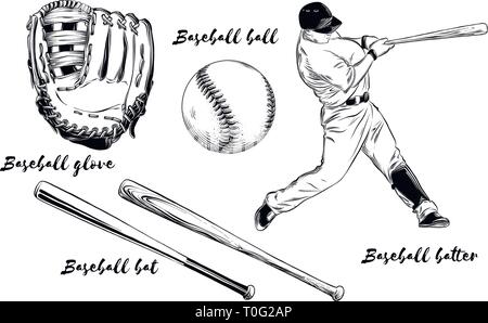 Il baseball isolato impostato su sfondo bianco. Disegnate a mano elementi come giocatore di baseball, guanto, bat e la sfera. Illustrazione Vettoriale Illustrazione Vettoriale