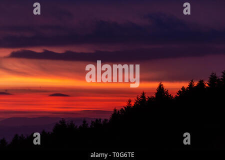 Alberi sagome contro un colore bellissimo cielo al tramonto, con montagne di strati in background Foto Stock