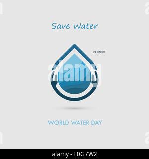 Mano e caduta di acqua con acqua onde vettore icona logo design template.Giornata mondiale dell'acqua icon.Giornata mondiale dell'acqua idea campagna per il biglietto di auguri e poster. Illustrazione Vettoriale