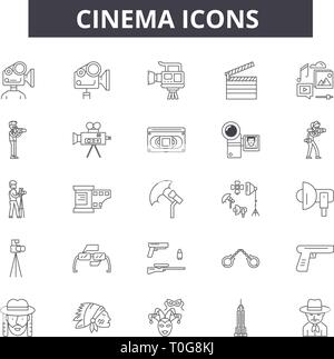 Cinema le icone della linea per il web e i dispositivi mobili. Corsa Modificabile segni. Cinema concetto outline illustrazioni Illustrazione Vettoriale