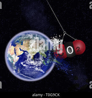 Il riscaldamento globale. Il pianeta terra sotto da una palla di demolizione realizzati da una molecola di CO2. Foto Stock