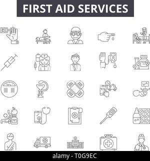 Primo soccorso linea servizi di icone per il web e i dispositivi mobili. Corsa Modificabile segni. Primo soccorso servizi concetto outline illustrazioni Illustrazione Vettoriale