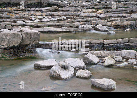 Le battute esposta e strati di roccia lungo la foreshore sul Canale di Bristol costa a Kilve nel Somerset REGNO UNITO a bassa marea Foto Stock