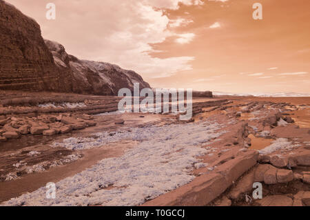 Immagini a infrarossi del esposto strati di roccia lungo la foreshore sul Canale di Bristol costa a Kilve nel Somerset REGNO UNITO a bassa marea Foto Stock