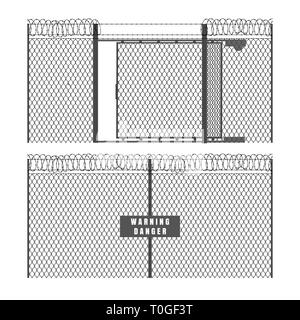 Recinzione di sicurezza e al gate. Recinzioni metalliche con filo spinato isolati su sfondo bianco, vettore fili di collegamento della catena di maglie inclosure di protezione Illustrazione Vettoriale