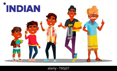 Generazione indiana Set maschio persone persona vettore. Nonno indiano, Padre, Figlio e nipote, Baby vettore. Vettore. Illustrazione isolato Illustrazione Vettoriale