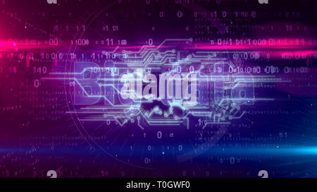 Grandi strumenti di analisi dei dati e di elaborazione digitale 3D'illustrazione. Tecnologia concetto astratto su sfondo binario. Foto Stock