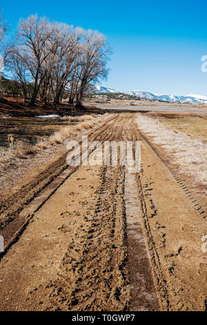 Terreni fangosi tracce di pneumatici su un ranch strada sterrata; central Colorado; USA Foto Stock
