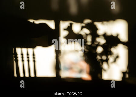 Luce del sole di mattina progetti di ombre in legno di rovere sedia di mandrino e bouquet di fiori sulla parete Foto Stock