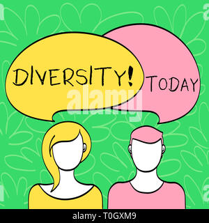 Conceptual la scrittura a mano che mostra la diversità. Concetto significato essendo composta di elementi differenti varietà diverse facce multietnica del maschio e femmina C Foto Stock