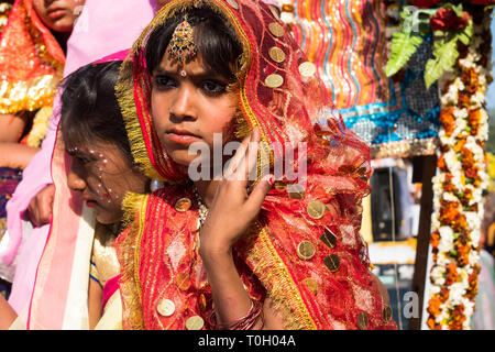Celebrazione di Holi festival, Mathura, Uttar Pradesh, India 2019 Foto Stock