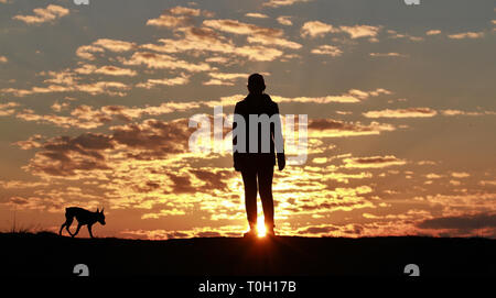 Silhouette ragazza felice e piccolo cane sullo sfondo di incredibile tramonto Cielo e nubi Foto Stock