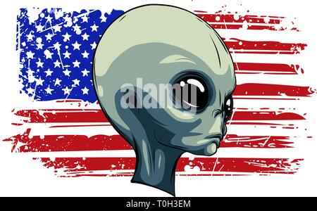 Alien extraterrestre faccia verde con bandiera americana Illustrazione Vettoriale