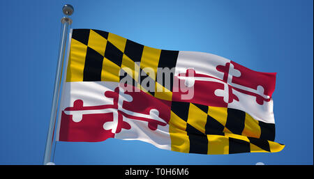 Seta sventolio della bandiera dello Stato del Maryland, Stati Uniti d'America sul cielo blu chiaro dello sfondo. Maryland bandiera nel vento, colorato. 3d illu Foto Stock