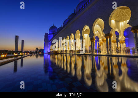 Abu Dhabi - 8 dicembre 2018. Bella vista notturna della Sheikh Zayed Grande Moschea di Abu Dhabi, negli Emirati Arabi Uniti. Foto Stock