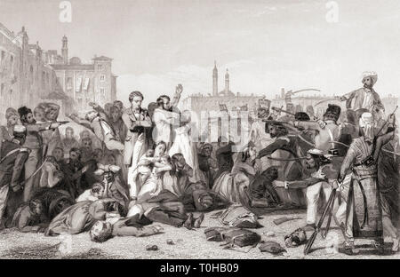 Massacro a Cawnpore, Kanpur, Uttar Pradesh, India, Asia, 1857, ammutinamento indiano, ammutinamento Sepoy, incisione vintage anni '1800 Foto Stock