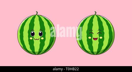 Carino Kawaii cocomero, Cartoon frutti maturi. Illustrazione Vettoriale di Cartoon anguria dolce con incantevoli e faccia allegra e divertente gli Emoji. Succoso e saporito Illustrazione Vettoriale