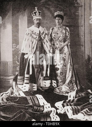 Re Giorgio V e Regina Maria da 1893 a 1936, Victoria Mary Augusta Louise Olga Pauline Claudine Agnes di Teck, dopo la cerimonia di incoronazione 1911 Re del Regno Unito e dei domini britannici, e Imperatore d'India, dal 1910 al 1936, nato nel 1865, Foto Stock