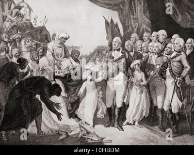 Signore Cornwallis ricezione di figli di Tipu Sahib come ostaggi in 1792 Foto Stock