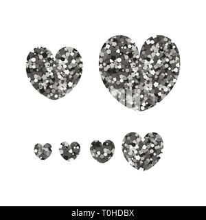 Set di icone astratte a forma di cuori. Illustrazione vettoriale. Paillettes d'argento. San Valentino. Illustrazione Vettoriale
